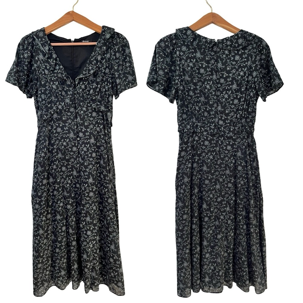 Madewell Ruffled Tiered Midi Dress‎ Size 0 Black Dotted Vines Dark Cottagecore